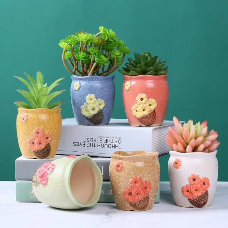 Mini Ceramic Floral Pattern Flower Pot for Plant Coarse Pottery Vase with A Hole Planter Desktop Ornaments Home Garden Decor