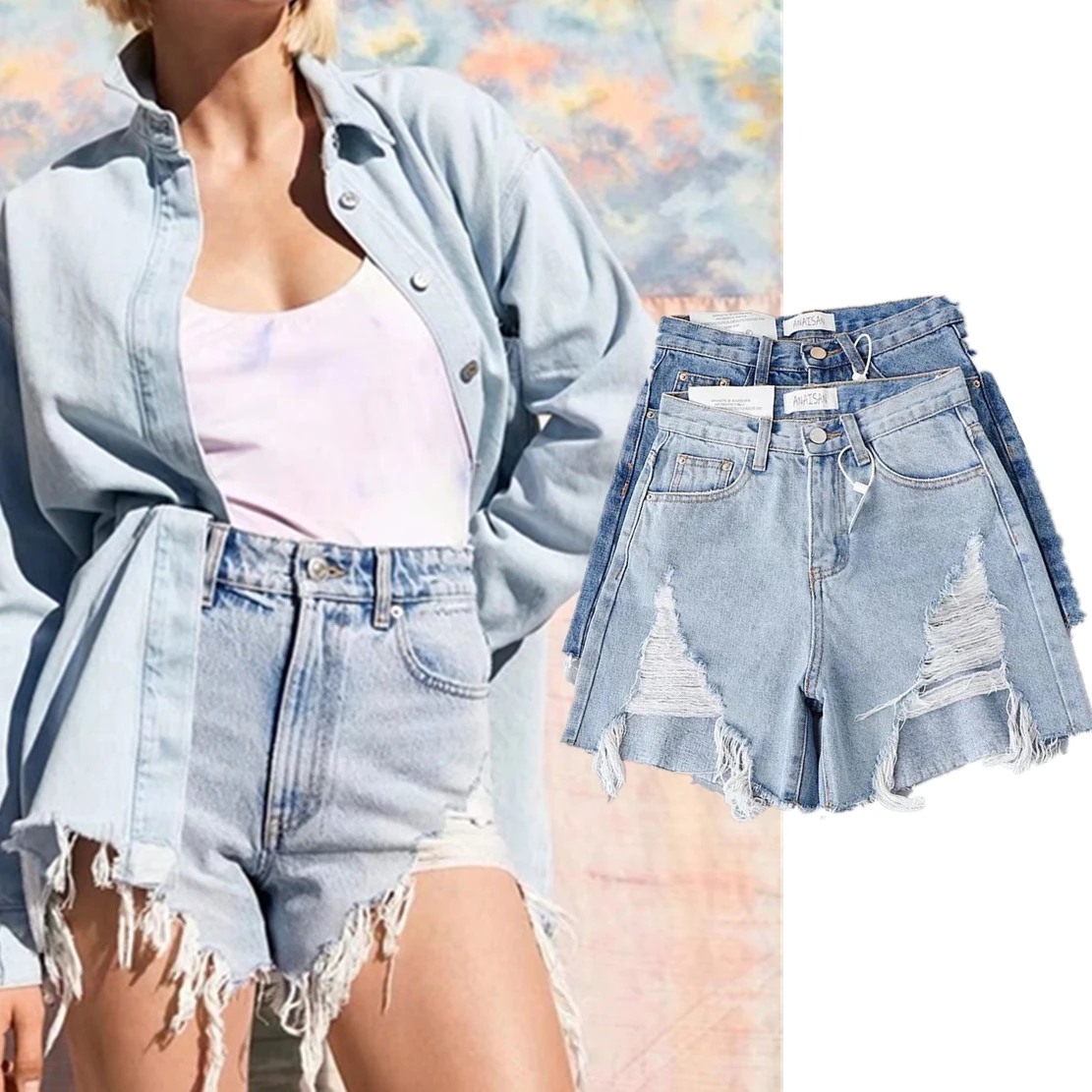 

Dave&Di Ins Blogger High Street American Retro Solid Color Washed Whiskered Fashion Shorts with Holes Mom Denim Bermuda