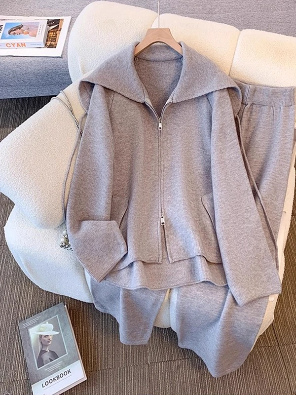 

plus Size 300 Pounds Lazy Style Casual Sports Set Women's Autumn Winter Navy Collar Sweater Wide Leg Pants Two Piece Set