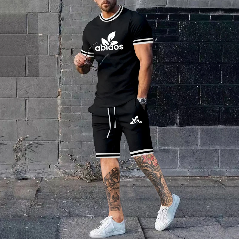 

2023 Summer New Men T-shirt Shorts 2-Piece Beach Fashion Brand Letter-Printed Casual Street Ball Sportswear Large And Short Set