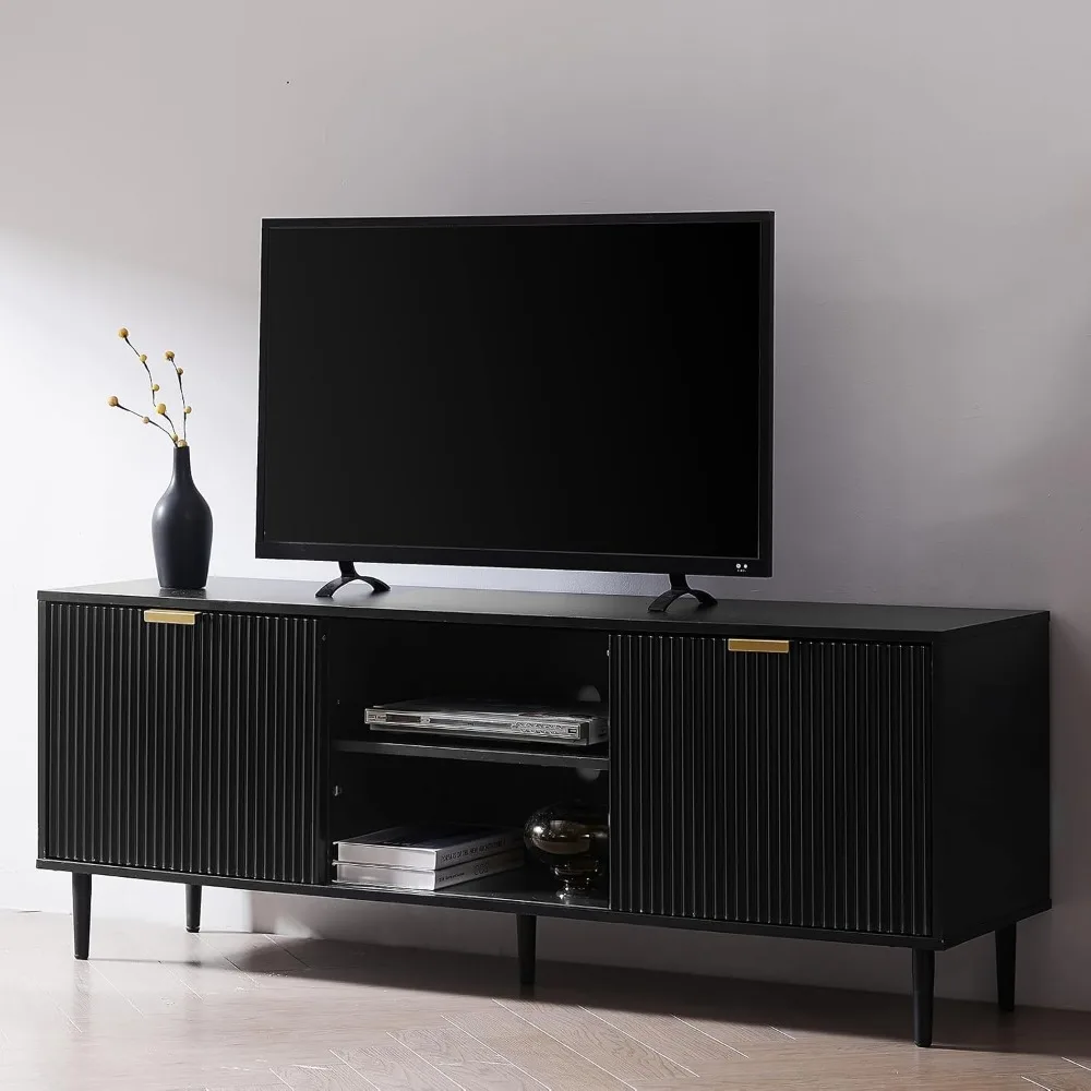 Black TV Stand, Modern TV Consoles for Living Room 65+ Inch TV, Fluted Panel Media Console with Sliding Doors & Ajustable Shelv