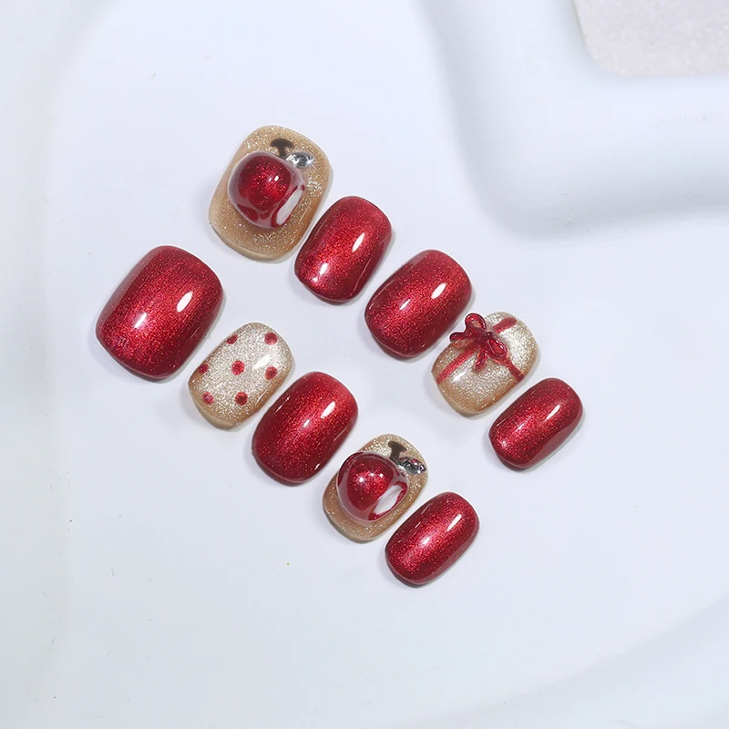 

10Pcs Christmas Shiny Red Fake Nails Cute Press on Hand-painted Snowflake Snowman Gingerbread Design False Nail Tips Nail Art