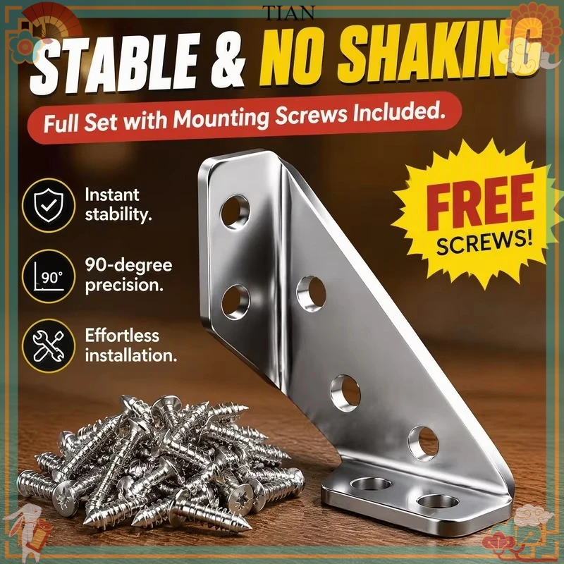 TIAN   Stainless Steel 3‑Sided Corner Bracket Set, Furniture Support W/ Screws for Bed Cabinet Table Chair Reinforcement