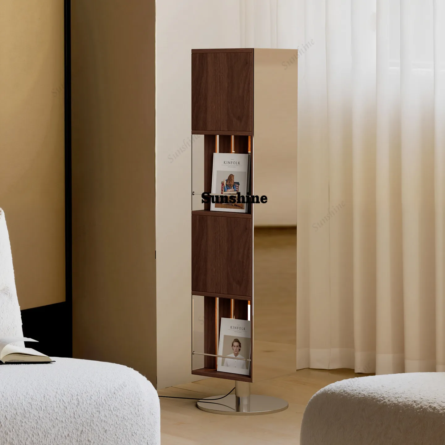 360 rotating bookshelf full-body mirror cabinet integrated with ambient light solid wood bookshelf
