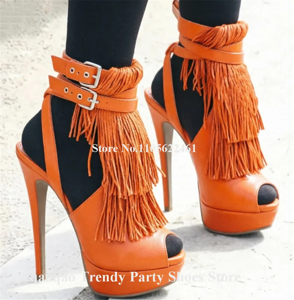 Kqaoqao Charming Yellow Blue Red Suede Tassels Stiletto Heel Pumps Peep Toe Ankle Straps Fringes Platform Party Heels 3