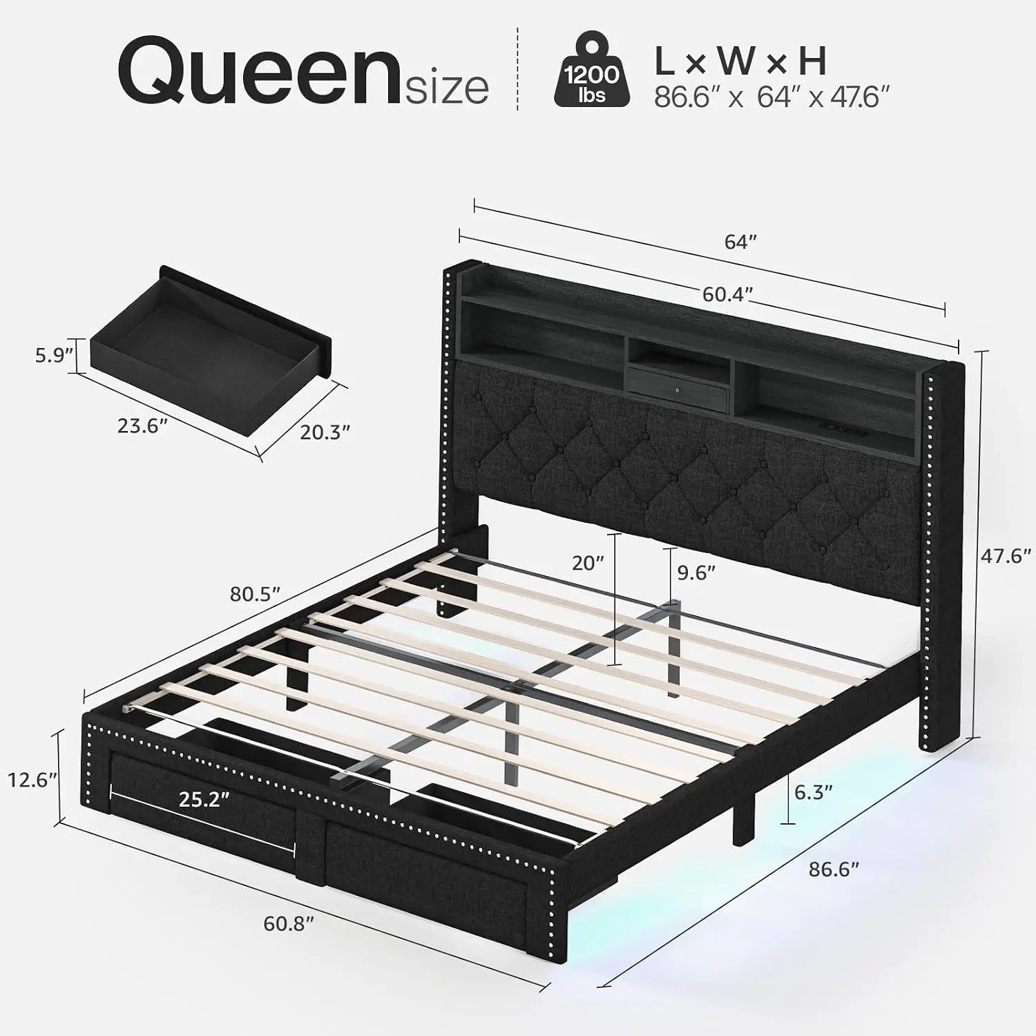 Queen Upholstered Bed with Storage Headboard LED Light Charging Station 2 Drawers Steel Slats No Box Spring, Customized