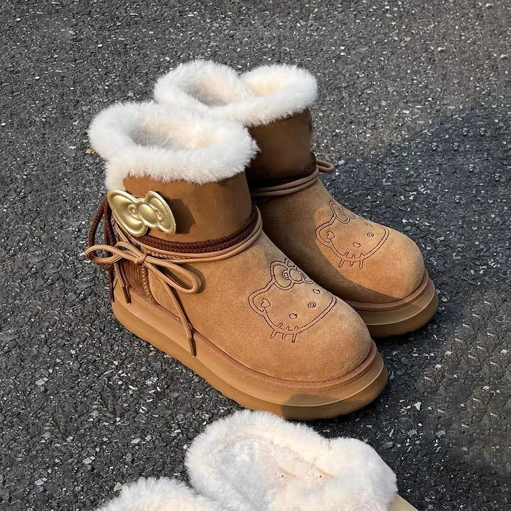 

Kawaii Hello Kitty Winter New Snowshoe Anime Cartoon Bow Plush Casual Fashion Girl Student Thick Bottom Outdoor Warmth Snow Boot