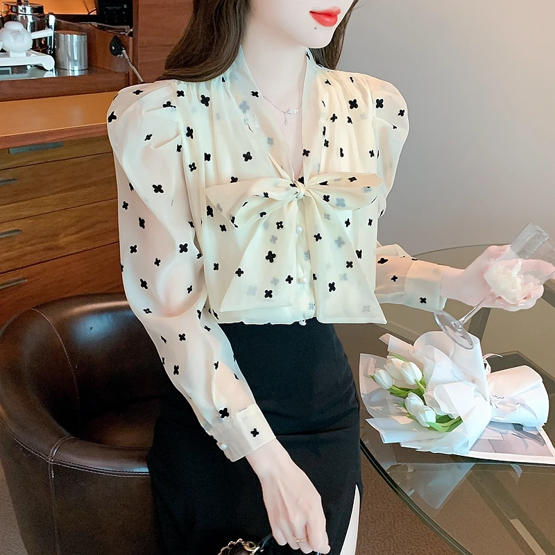 Bow Long Sleeve Chiffon Shirt for Women Autumn Korean New Fashion Design Office Lady Blouse Tops