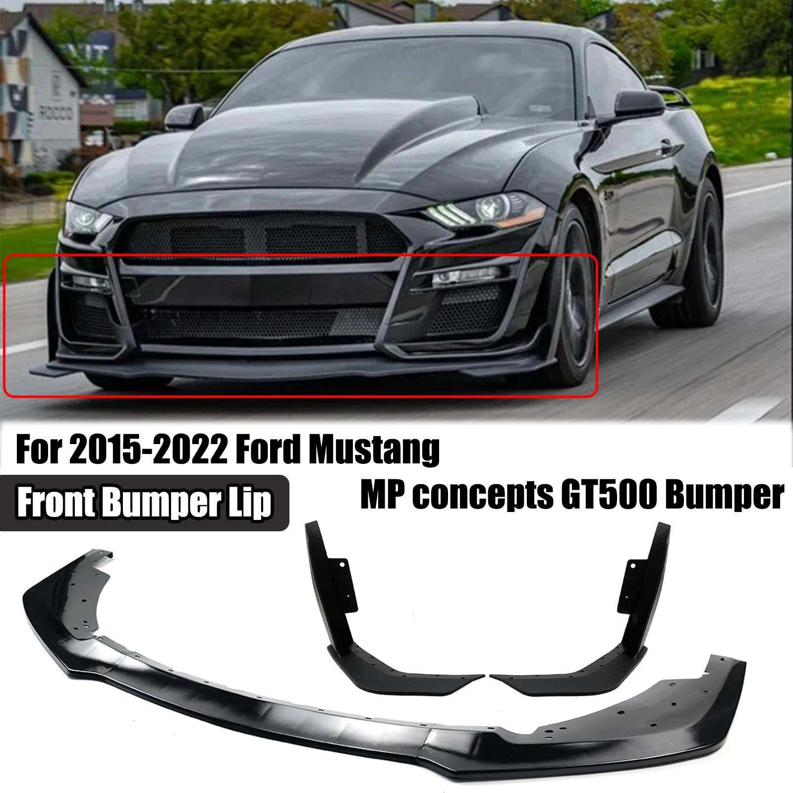 Front Bumper Lip Splitter For 2015-2022 Ford Mustang MP Concepts GT500 Bumper DIffuser Soiler Matte Black Carbon Fiber Look