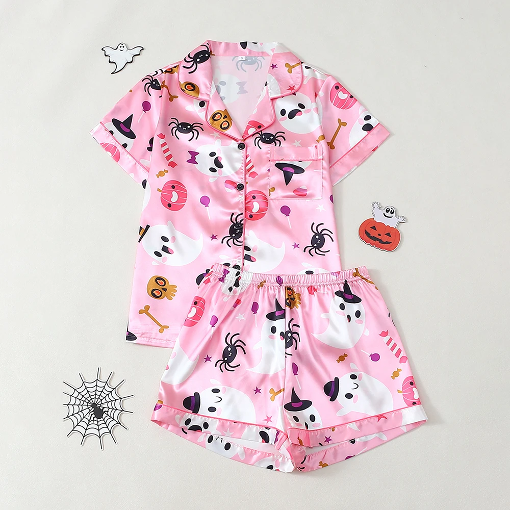 

2 шт., забавный пижамный комплект с принтом тыквы для Хэллоуина, женский удобный топ на пуговицах с короткими рукавами, шорты, одежда для отдыха