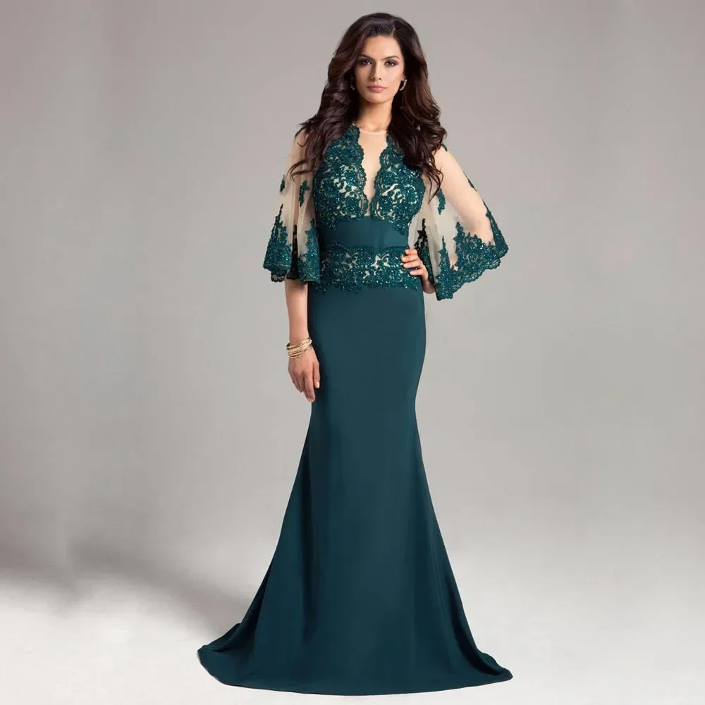 

Green Mermaid Evening Applique Jewel Neck Sleeves Floor Length Formal Lace Prom Dresses