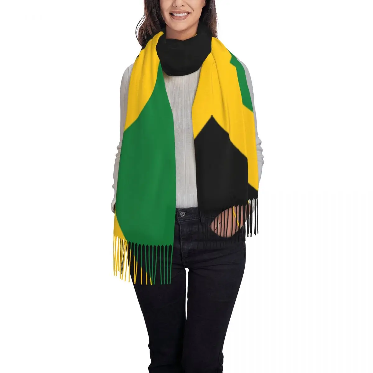Jamaican Flag Tassel Scarf Women Soft Patriotism Shawls Wraps Lady Winter Scarves