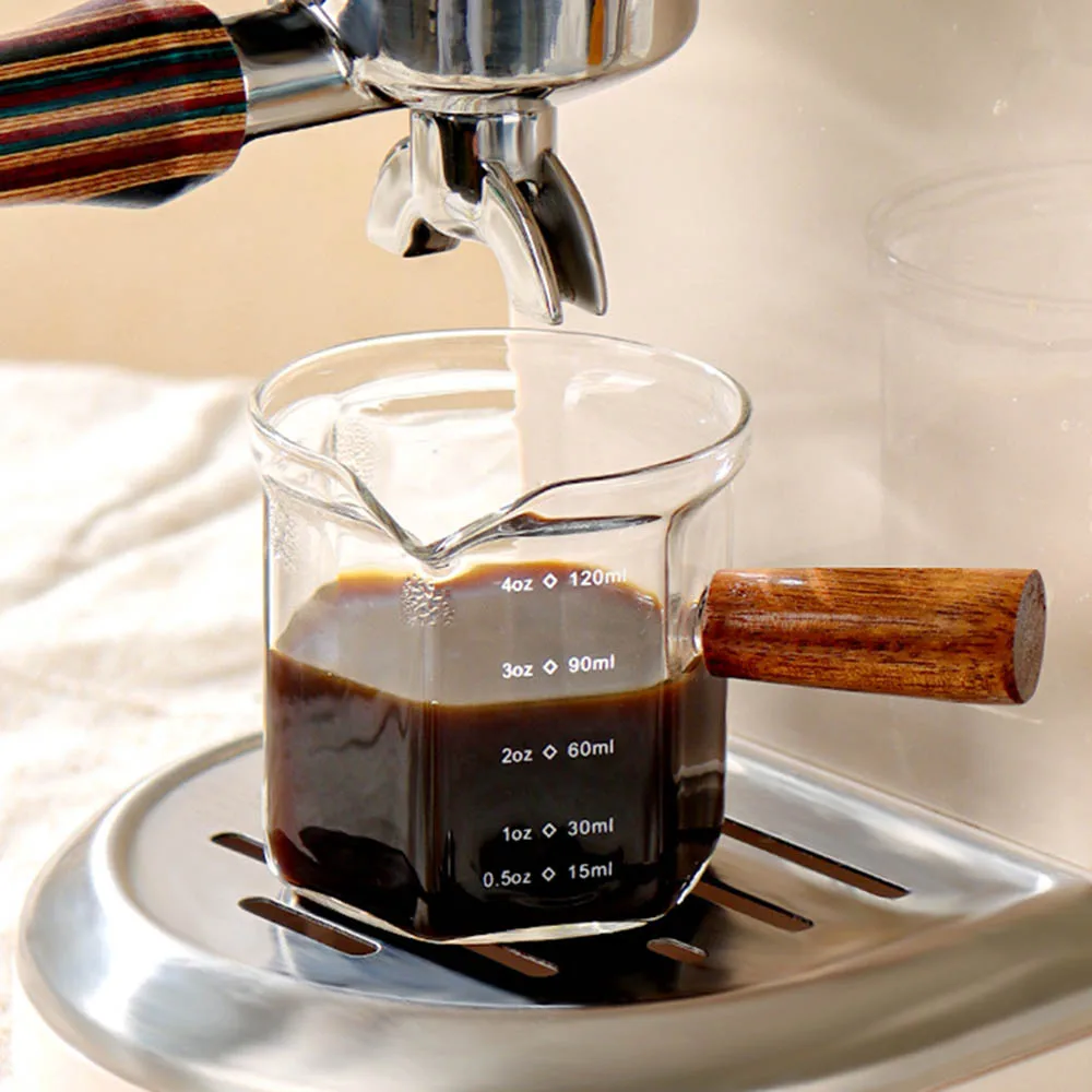 

120ml Glass Espresso Measuring Cup with Wood Handle Hexagon Milk Jug Coffee Supplies Sauce Cup Serving Pitcher