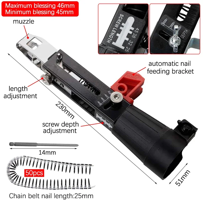 Adattatore per pistola per unghie con catena a vite automatica pistola a vite pistola per unghie per arrampicata automatica testa per cartongesso strumento per la decorazione di inchiodatura a vite rapida