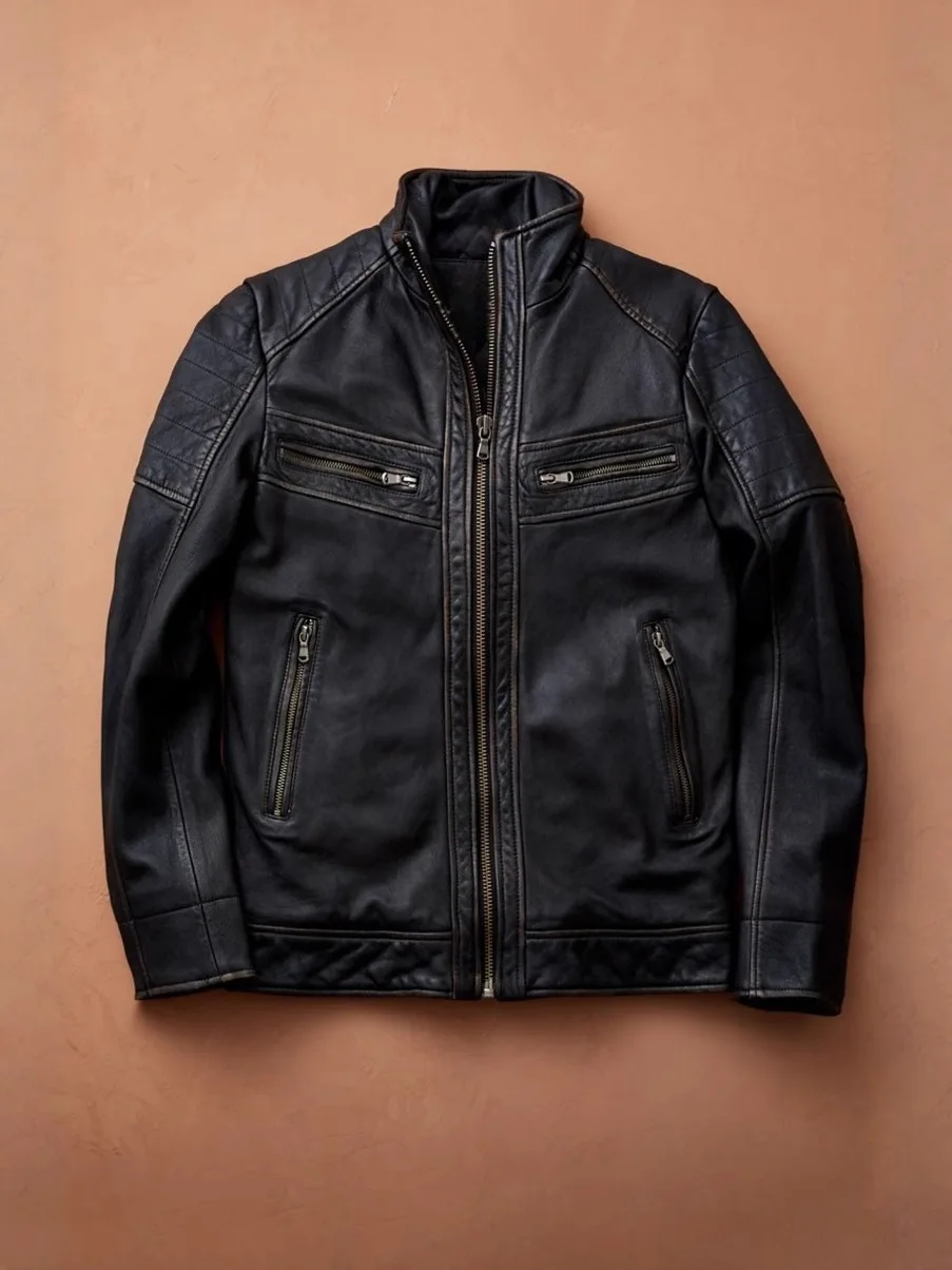 Pu Leather Motorcycle Jacket Zipper Pockets Stand Collar Motorcycle Biker Tops For Men