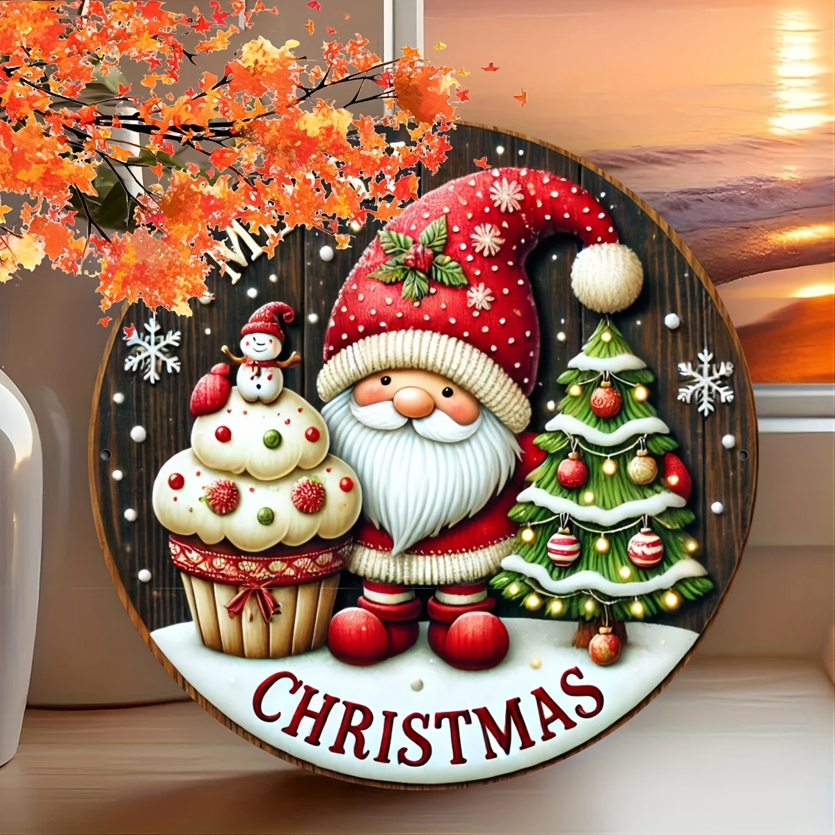 لافتة عيد الميلاد من الألومنيوم الريفية ثنائية الأبعاد، تصميم رجل الثلج باللون الأخضر الدائم | ديكور حائط للعطلات في المزرعة للاستخدام الداخلي/الخارجي #4