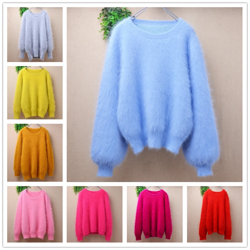 

Сломанный размер, высокое качество, женские осенне-зимние волосатые волосы ангорского кролика, вязаные блузки с круглым вырезом и длинными рукавами, тонкие блузки, свитер
