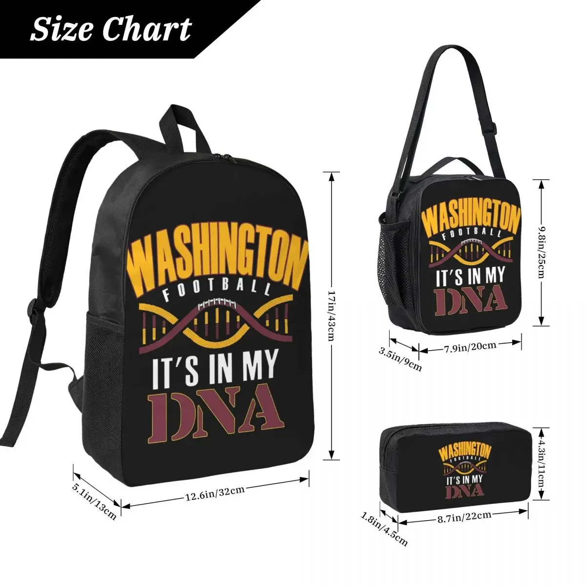 Washington Pro Football Funny Its In My DNA Backpack Student Boys Girls BookBag School Bag 3ps Insulated Lunch Bag Pencil Case