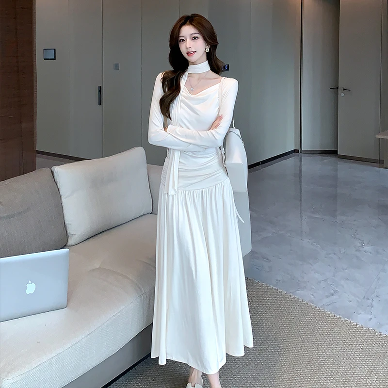 

Autumn Winter Korean Edition Solid V Neck Temperament Knitted Dress Women Elegant Slim Long Sleeved Festival Pleated Dress