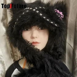 Women's Cat Ear Harajuku Gothic Lolita Dark Ear Protector Y2K Girls' Steampunk Punk Handmade Hat  with scarf