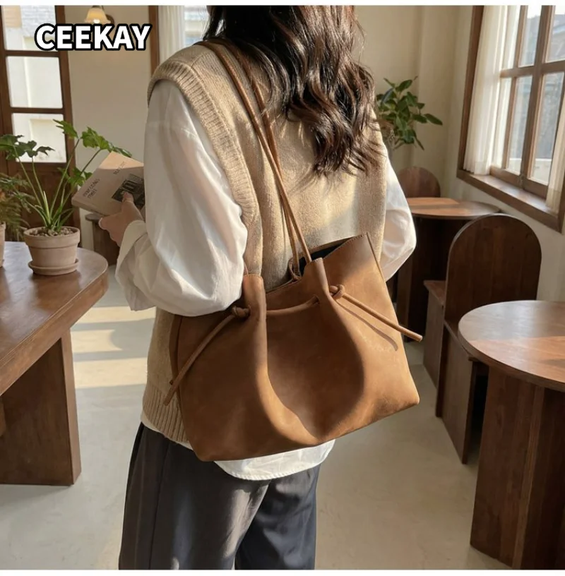CEEKAY Women's Tote Bag Camel Suede Texture Large Shoulder Handbag Drawstring Detail Daily Commute Casual Minimalist