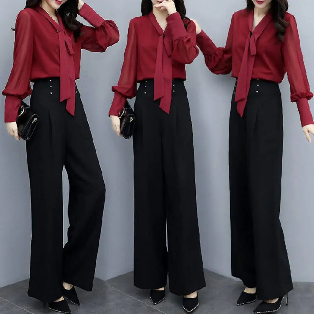 Shirt Pants Set Ol Commuting Clothes Elegant Office Attire Set with V Neck Blouse Wide Leg Trousers Professional for Women