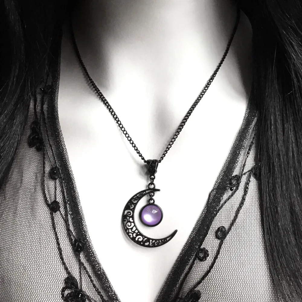Women Gothic Black Moon Necklace Fashion Mystery Punk Witch Jewelry Accessorie Gift Vintage Hollow Colorful Stone Pendant Choker