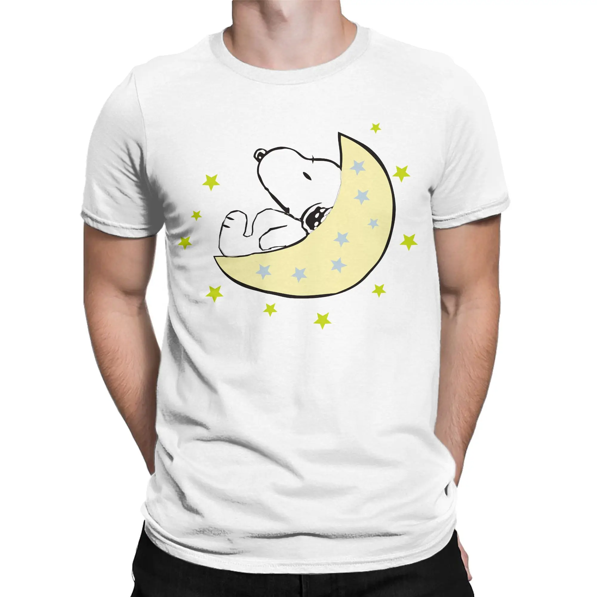 

Cartoon Snoopy Sleeping on the Moon T Shirts for Men 100% Cotton Fashion T-Shirt Round Neck Tees Short Sleeve Tops 4XL 5XL 6XL