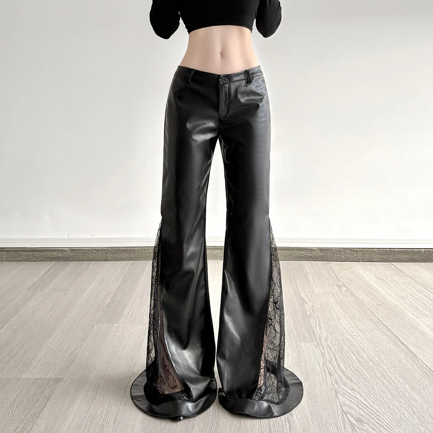 سبايس جيرل الدانتيل الربط بولي Leather الجلود متوهج السراويل شارع العليا جديد منخفضة الخصر بناطيل ضيقة النساء