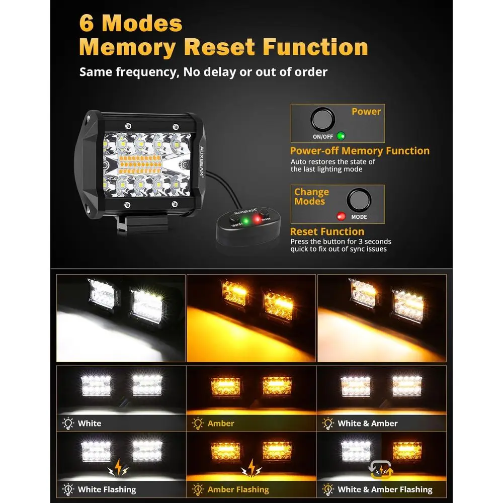 4 Barre luminose LED bicolore ambrate/bianche da 120 W con stroboscopiche, spot e raggi di inondazione per fuoristrada, coppia di supporti su montante A o paraurti