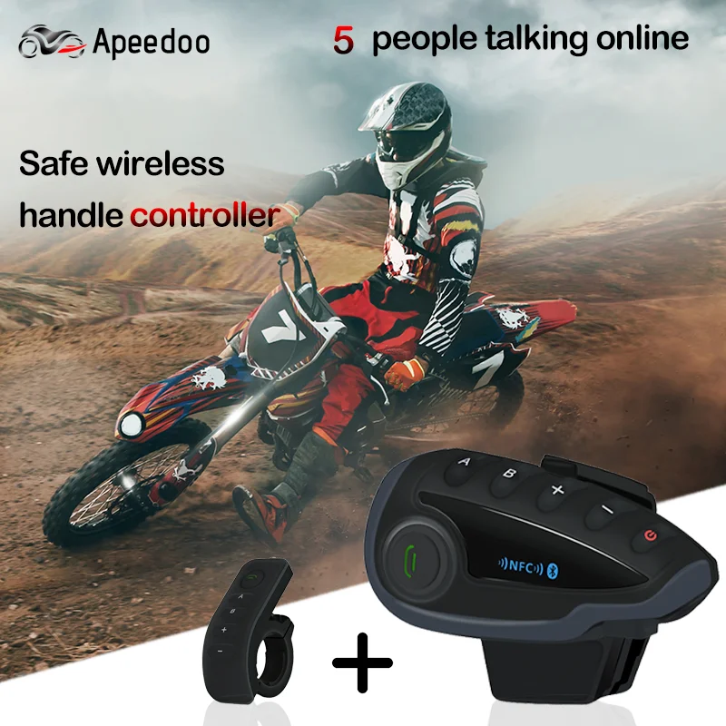 Apeedoo Intercom Motorcycle 1.2km Wireless Waterproof 5 Riders Intercomunicador Talk& Listen to Music with GPS FM Radio V8