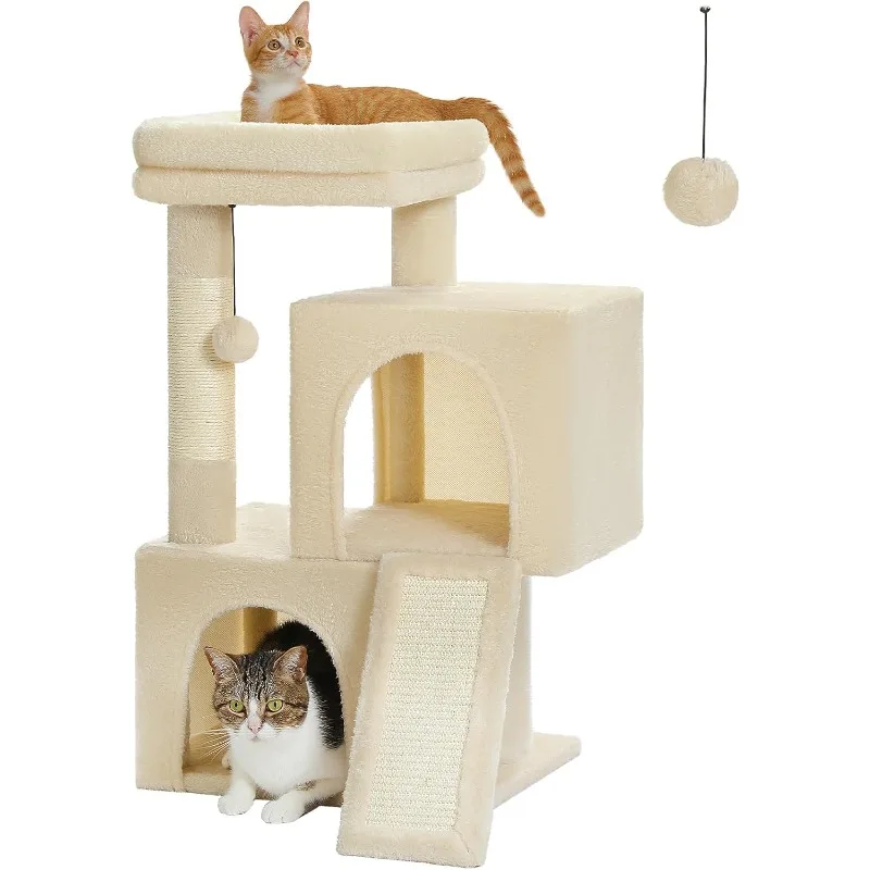 

30 Inches Cat Tree with Dual Condos for Indoor Cats, Plush Cat House with Padded Perch,Scratching Ramp and Posts and Replaceable