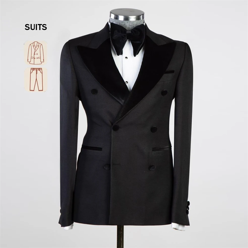 

Black Wedding Suits For Men Fit Slim Double Breasted Jacket Pants 2 Piecs Formal Groom Tuxedos Business Office Wear Blazer Sets