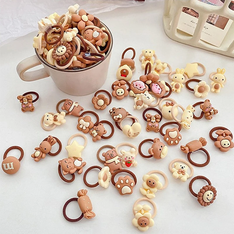 10pcs Girls Coffee Beige Small Size Scrunchie Children Cute Cartoon Elastic Hair Bands Headwear for Kids Baby Hair Accessories