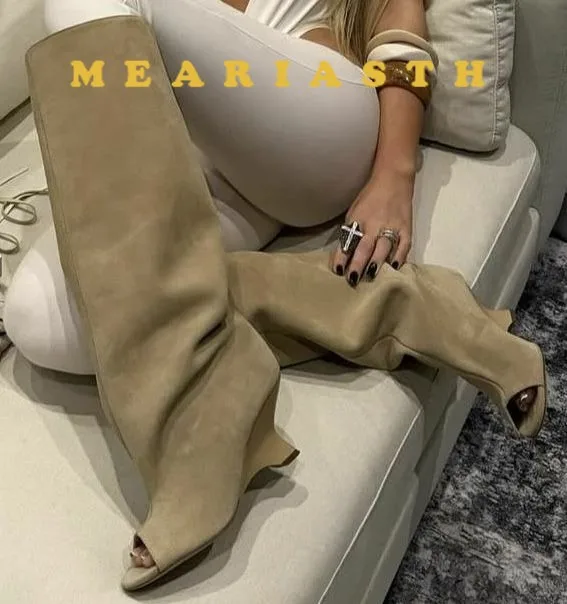 

Женские сапоги до колена на толстом высоком каблуке с рыбьим ртом, крутые ботинки наклонном каблуке, модные женские сапоги большого размера на весну и лето