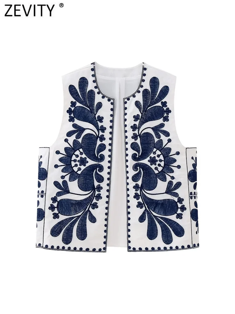 Zevity Women Vintage O Neck Contrast Color Flower Embroidery Cardigan Vest Jacket Female Sleeveless Retro WaistCoat Tops CT4806