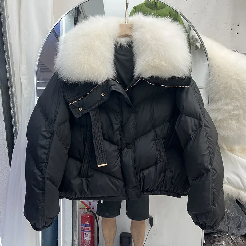 Chaqueta de plumón de pato blanco para mujer, Parka holgada con cuello de piel de zorro Real grande, abrigo corto y cálido para invierno, 2023,