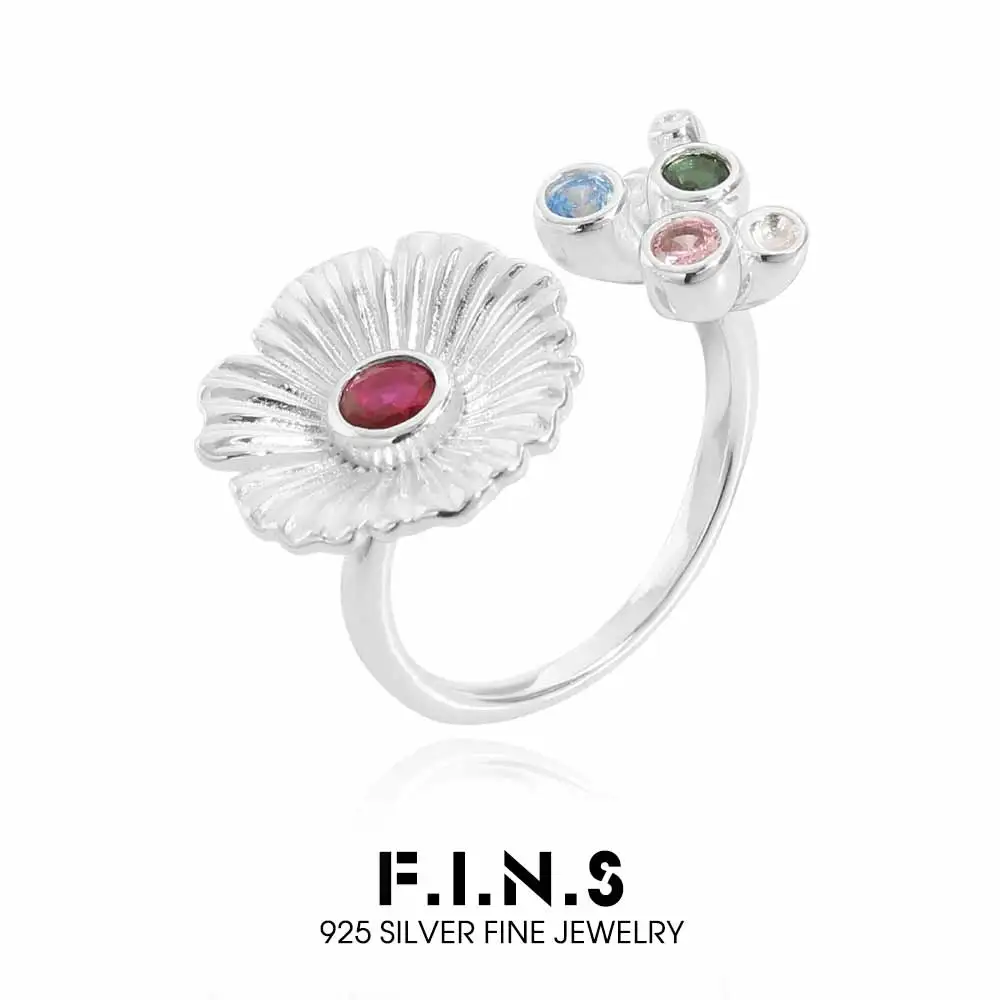 F.I.N.S Original Exaggerated S925 Sterling Silver Color Zircon Opening Ring Luxury Daisy Adjustable Index Finger Fine Accessory
