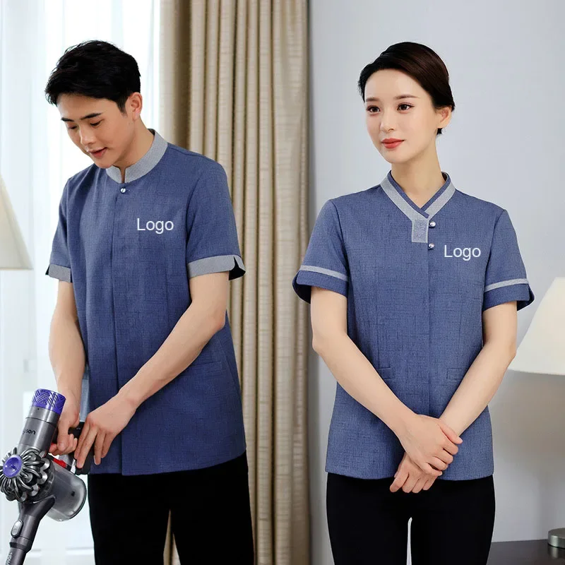 Unissex manga curta novo estilo limpador pessoal top 5 estrelas uniforme de hotel design limpeza