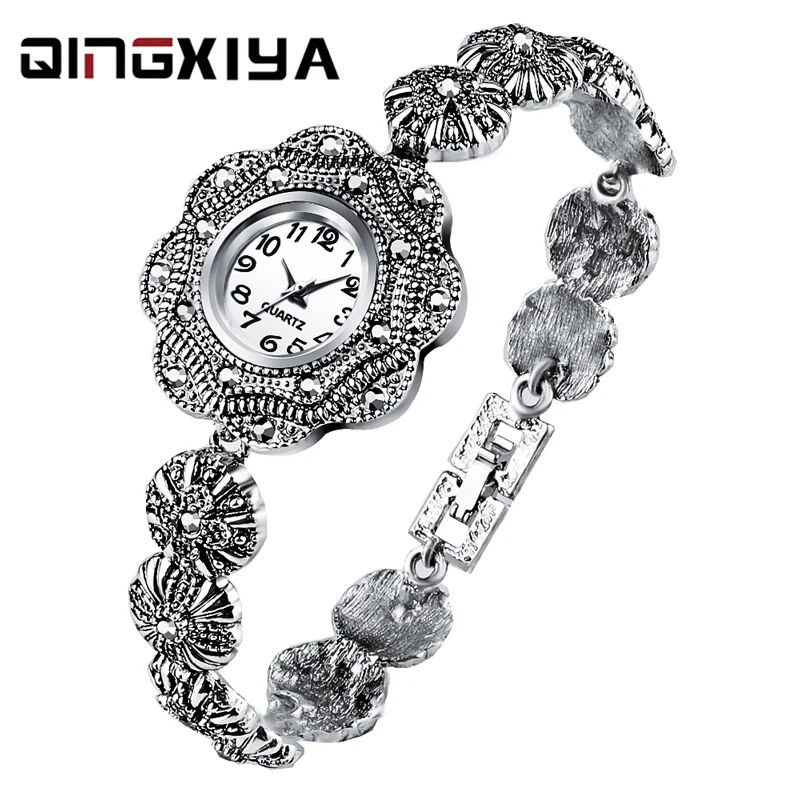 QINGXIYA Fashion Women\'s Quartz Watches Ladies Vintage Silver Bracelet Watch Women Watches Luxury Diamond Wristwatch Reloj Mujer