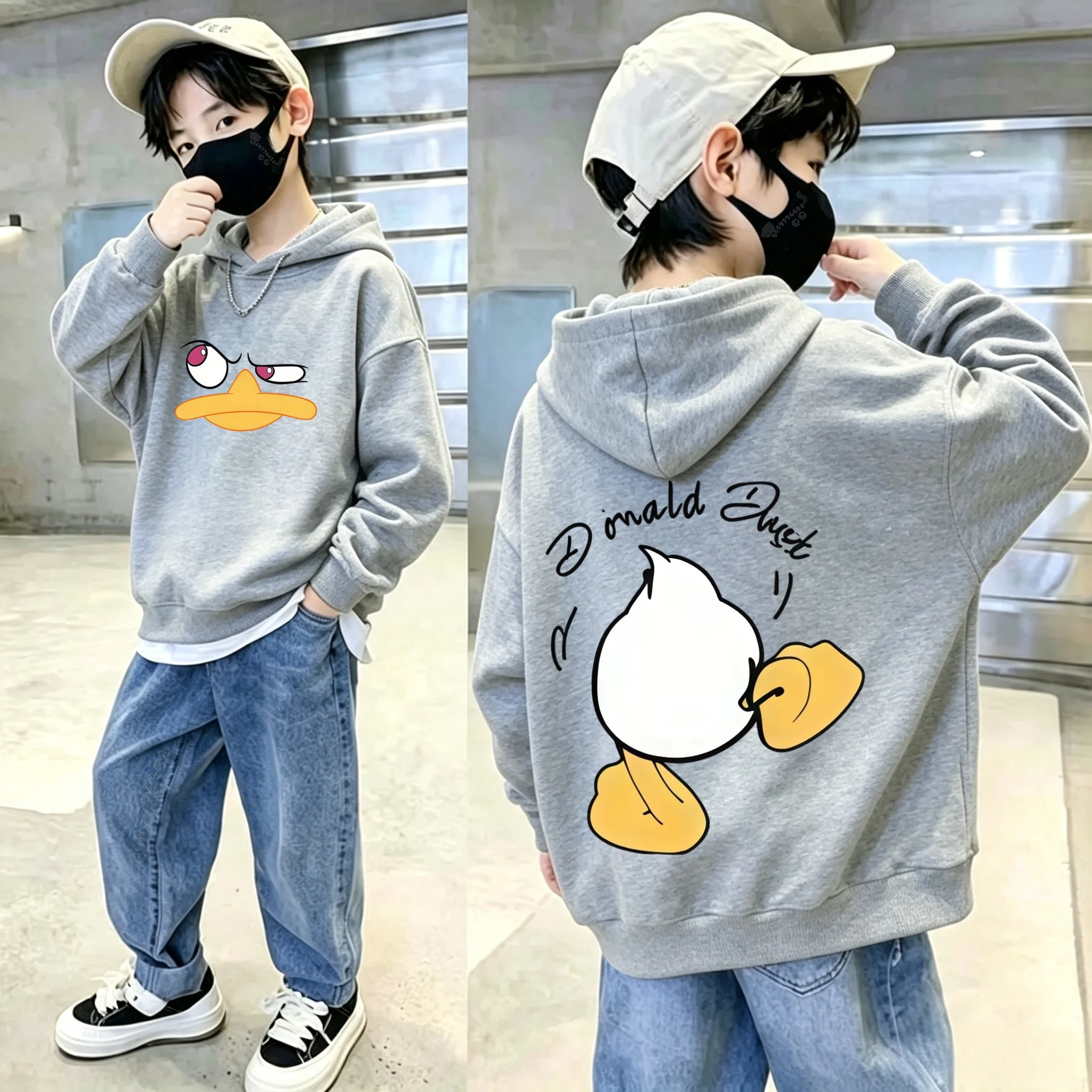 Retro Street - Fun - Double-sided Printed Duck Print Hoodie - High-Quality Cool Long-Sleeved Warm Sweater for Boys and Girls