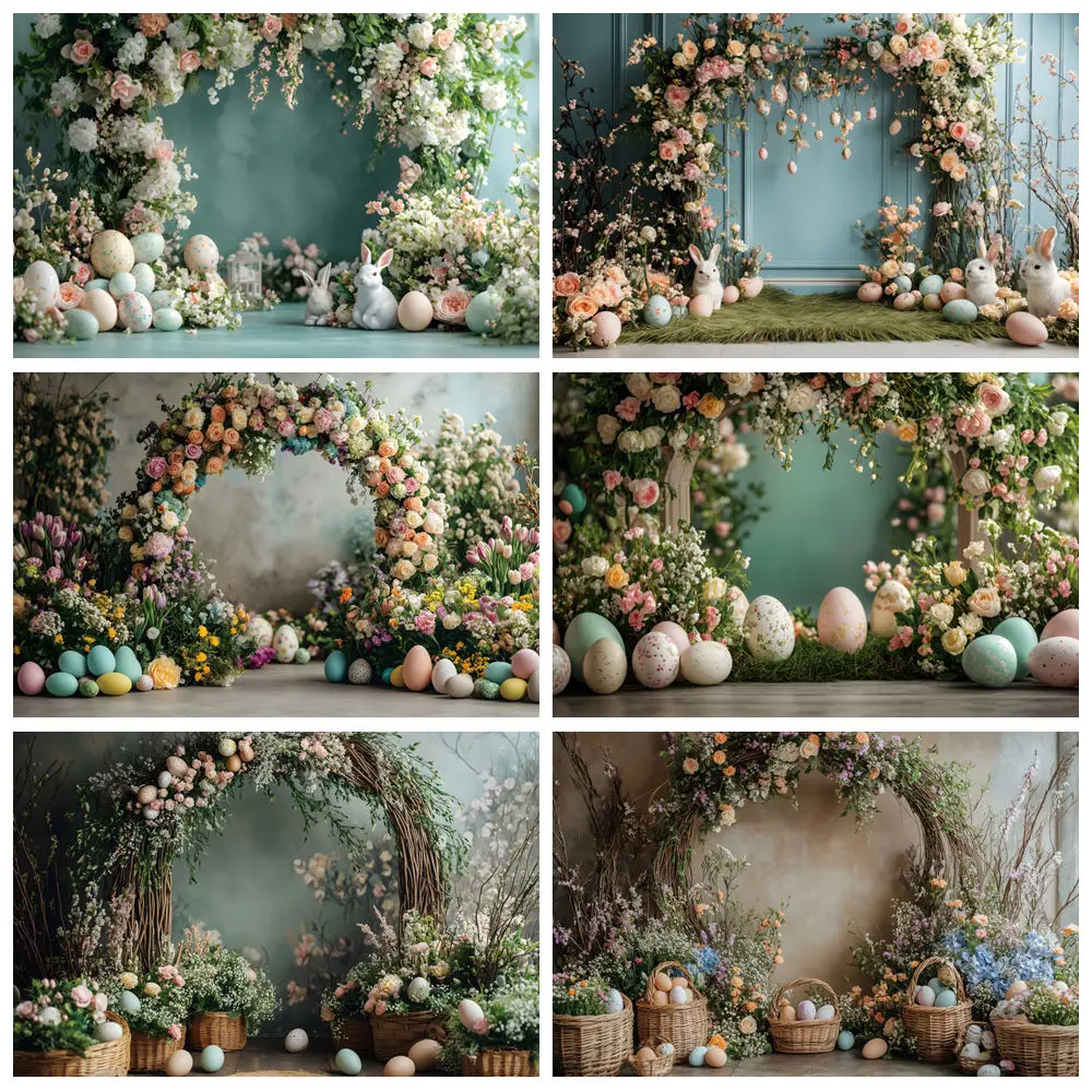 

Happy Spring Easter Photography Backdrop Colorful Eggs Arch Door Flowers Garden Rabbit Child Birthday Party Background Decor