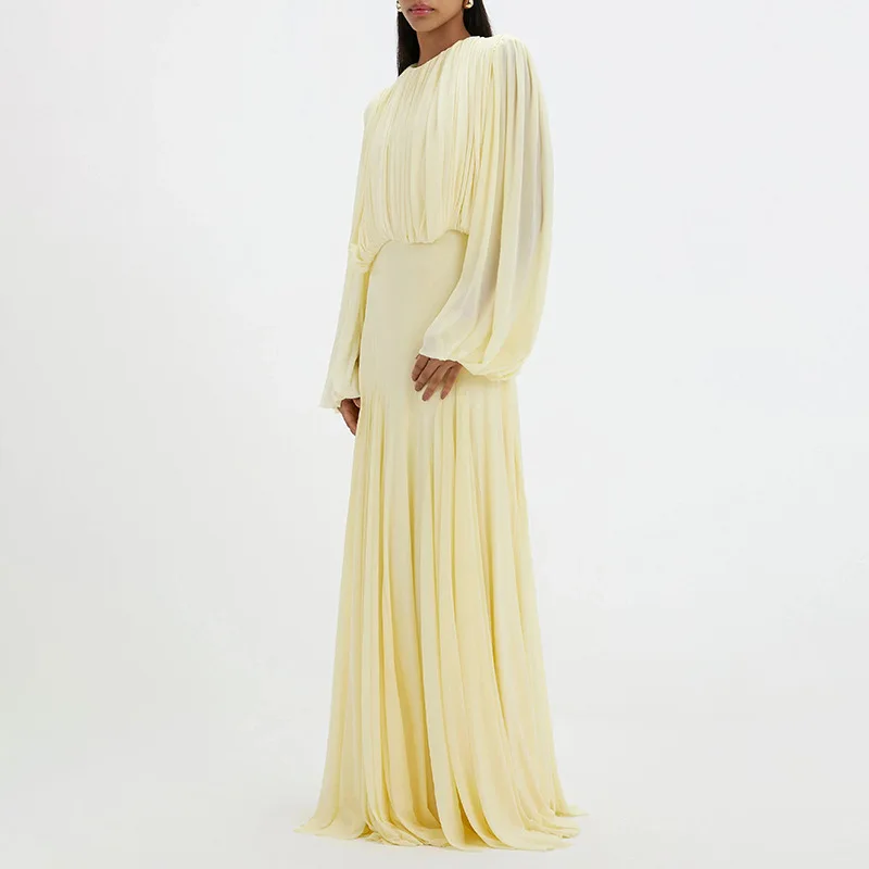 2026 Neues Französisches Elegantes Rundhals-Kleid mit Hochwertiger Plissee-Patchwork-Verzierung in Voller Länge Vestidos De Mujer – Detail 8