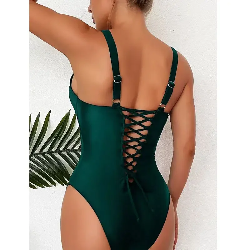 Czarny strój kąpielowy jednoczęściowy w stylu Vintage sznurek sznurowany z tyłu kostium kąpielowy damski bandaż Monokini Bather maillot de bain femme