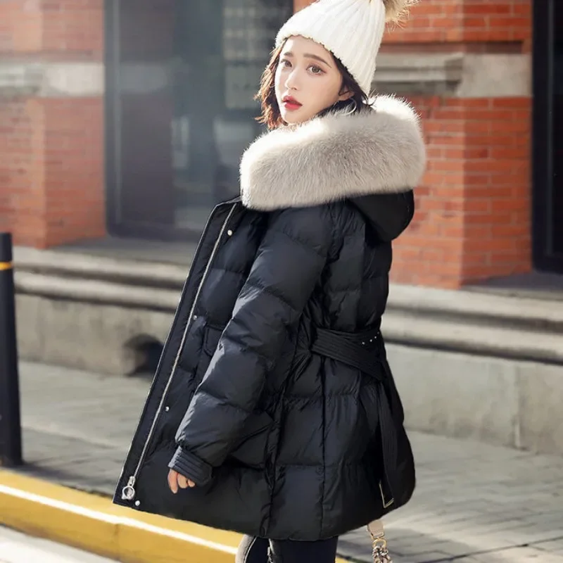 2024 New Women Down Cotton Coat Winter Jacket Female Mid Length Version Parkas Thick Warm Outwear Fur Collar Hooded Overcoat