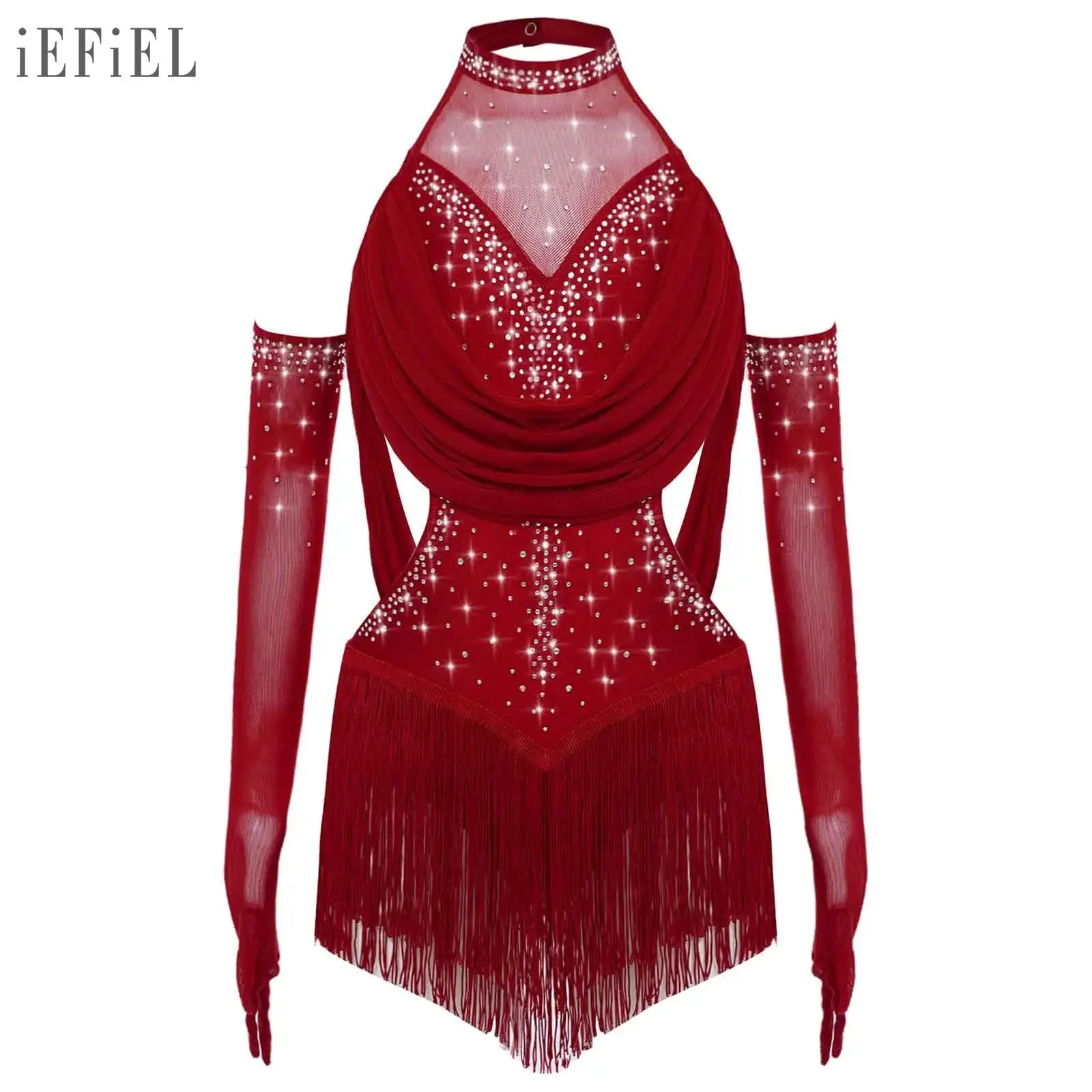 Kids Girls Latin Jazz Dance Dress Ruched Mesh Tassel Rhinestones Lyrical Leotard with Mesh Gloves Sets for Stage Performance