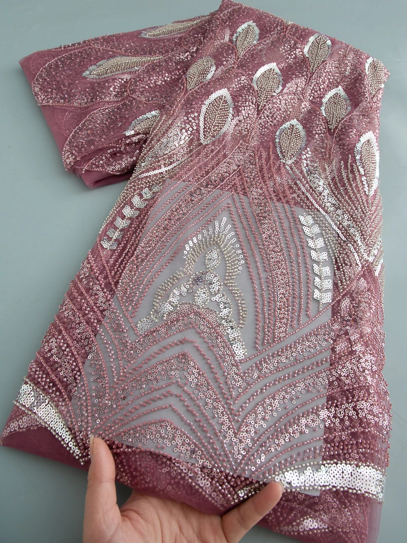 

Fashion Elegant French Embroidery Beaded Tulle Lace Fabric African Nigerian With Sequins Net Fabric For Wedding Dresses 5 yards
