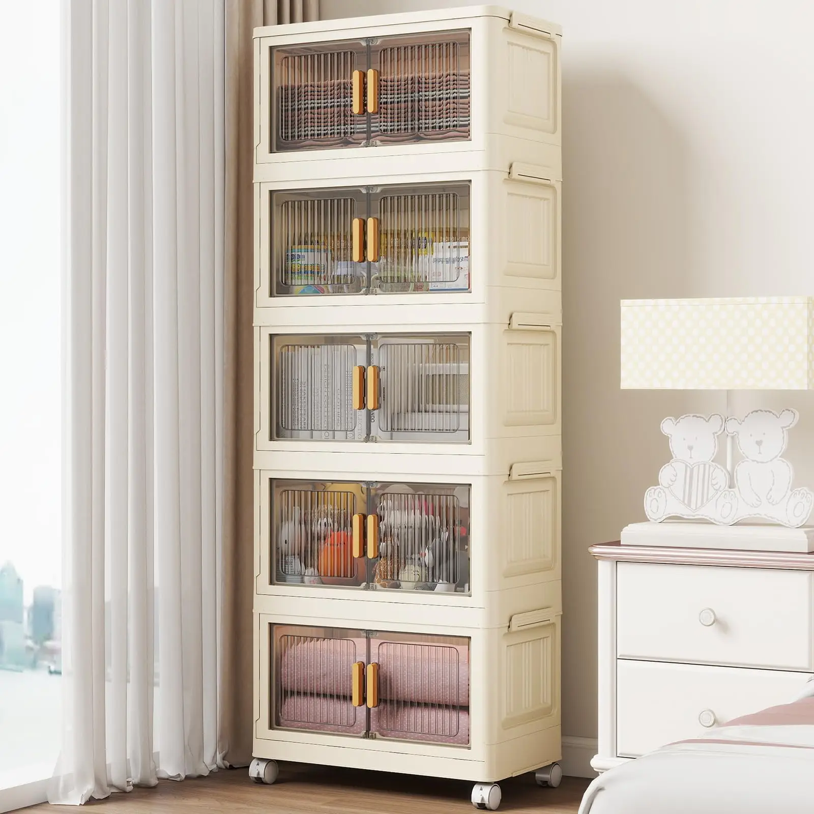 

Многоуровневый складной пластиковый шкаф для хранения (3-5 секций, 28QT), штабелируемые ящики на колесиках с двойным открыванием для домашней организации