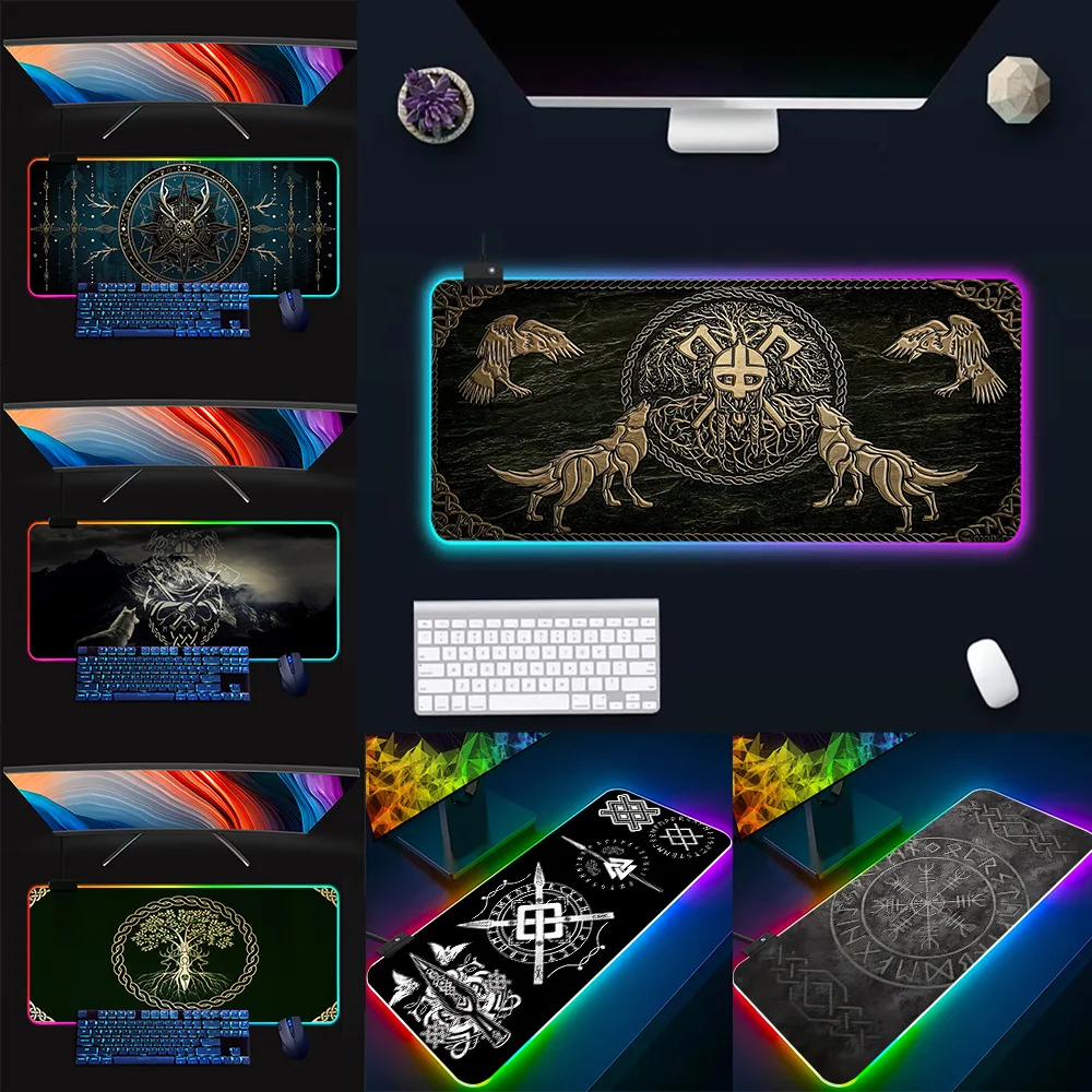 

Viking Nordic Mystical Symbol RGB Pc Gamer Keyboard Mouse Pad Mousepad LED Glowing Mouse Mats Rubber Gaming Computer Mausepad