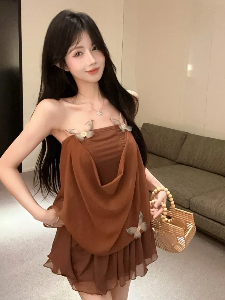 

Pure Desire Sexy Strapless Dress Women's Summer Fashion Mareda Retro Pleated Mesh Splice Chiffon Short Skirt